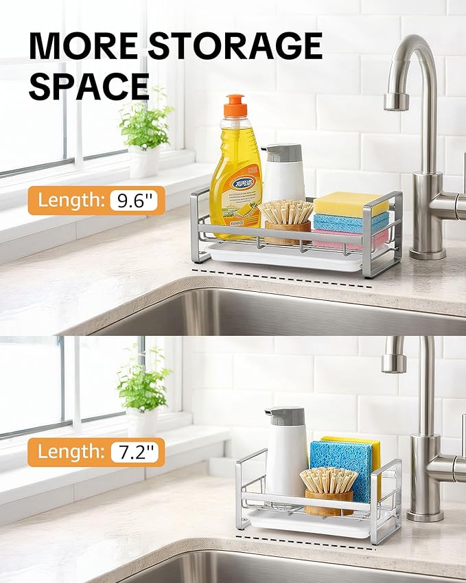 HULISEN Large Sponge Holder, 304 Stainless Steel Kitchen Soap Dispenser Caddy