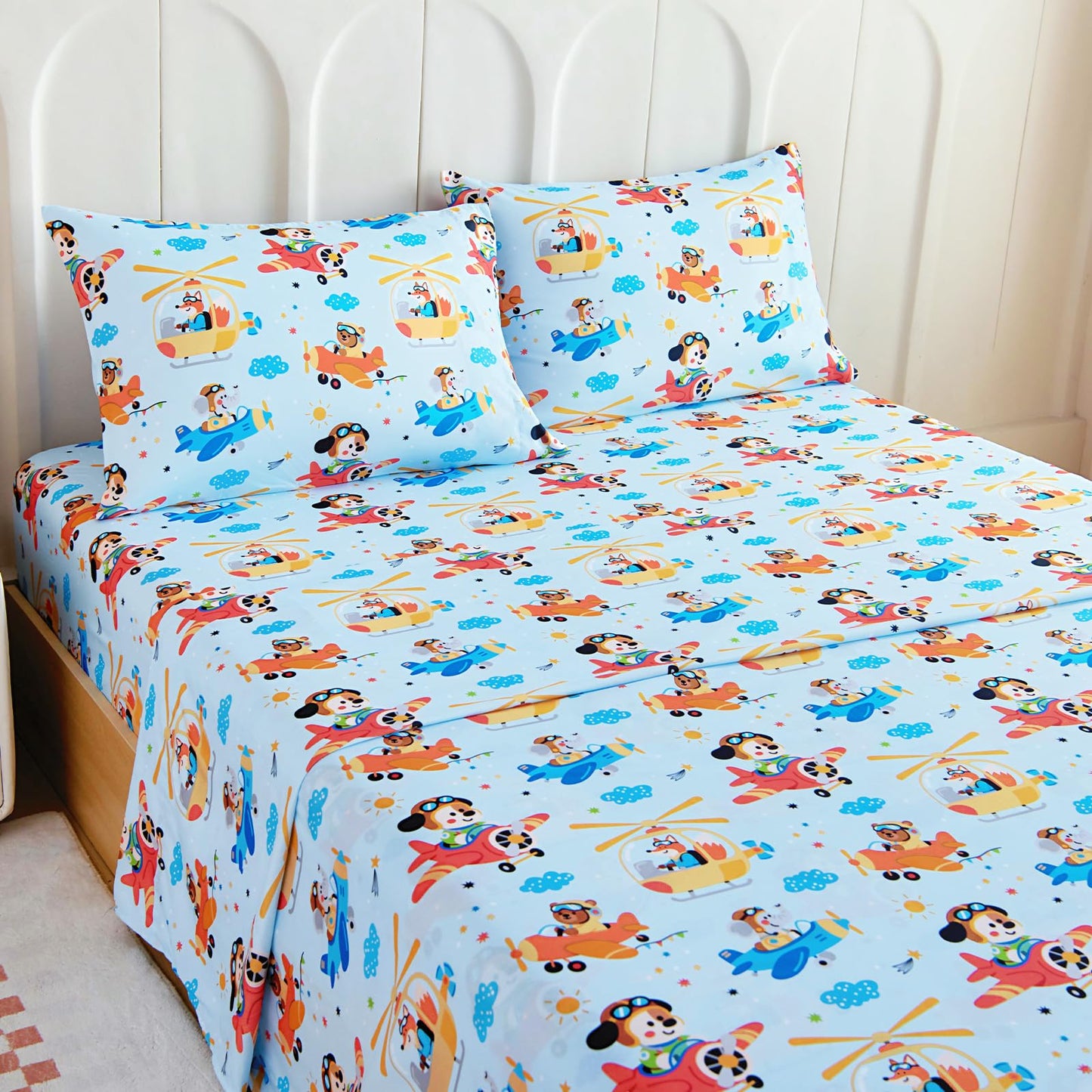 Homilay Full Sheet Set Kids - Airplane 4 Pieces Soft Microfiber Cartoon Style Bedsheets for Boys Girls Teens, Oeko TEX Breathable 15 Inch Deep Pocket Sheets(Animal Captain)