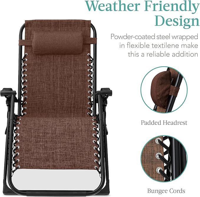 Best Choice Products Oversized Zero Gravity Chair, Folding Outdoor Patio Recliner, XL Anti Gravity Lounger w/Removable Cushion, Cup Holder, Side Tray, 350lb Capacity - Woodland Brown