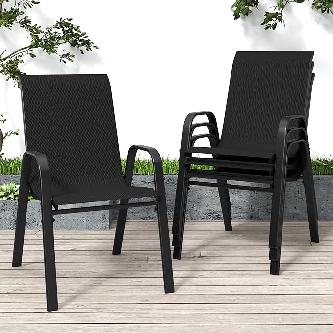 Patio Chairs Set of 4, Stackable Outdoor Dining Chairs for All Weather Textilene Fabric & Metal Frame, Outdoor Chairs Set for Backyard Deck Garden