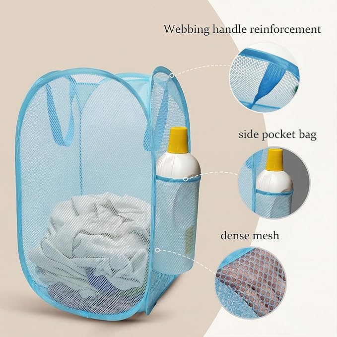 The upgraded pop-up laundry basket features a breathable side pocket mesh design