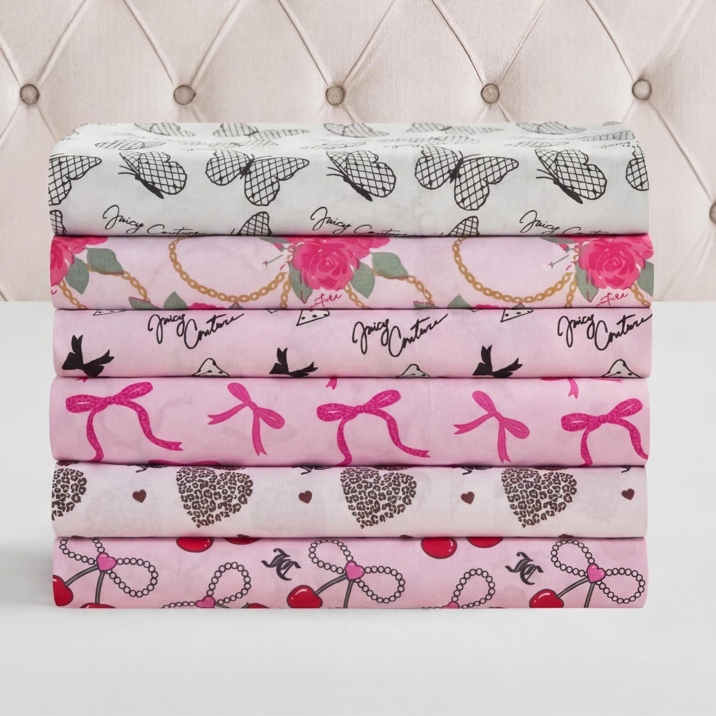 Juicy Couture Printed Microfiber 4-Piece Twin Sheet Set, Polka Dot Bow Toss Light Pink