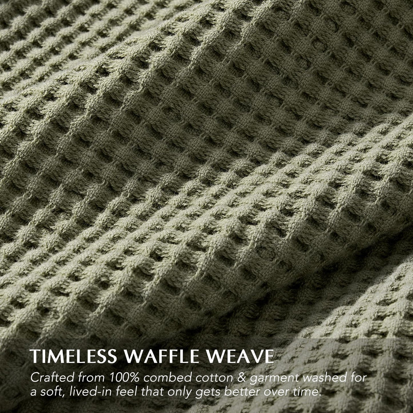 EverGrace 100% Cotton Waffle Bed Blanket Queen Size, Soft Premium Cotton Coverlet Set with 2 Matching Shams, Lightweight All Season Bedding Set, Oversized Bedspread 92x96, Olive Green
