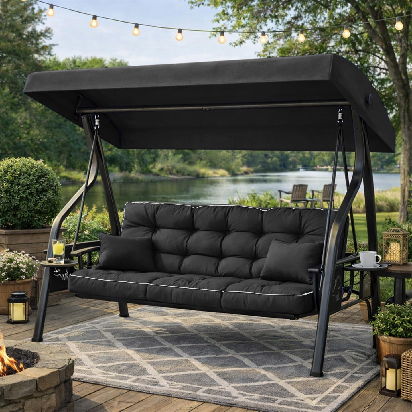 Kerkrot Porch Swing Cushions, Waterproof & Fade Resistant Outdoor Swing Cushion 70 Inch, Swing Cushions 3 Seater Replacement for Outdoor Furniture, Patio, Garden (Black, 70 x 40 inch)