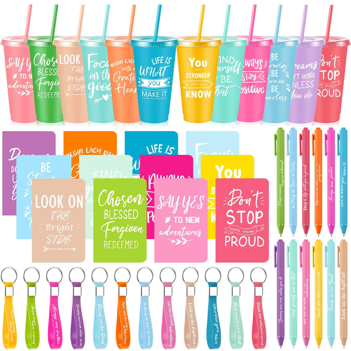 Hollowfly 12 Sets / 48 Pcs Inspirational Gifts Bulk for Employee Appreciation, 24 oz Plastic Cups and Pens Notebooks Keychains Set, Group Gifts for Office Staff Coworkers (Pastel)