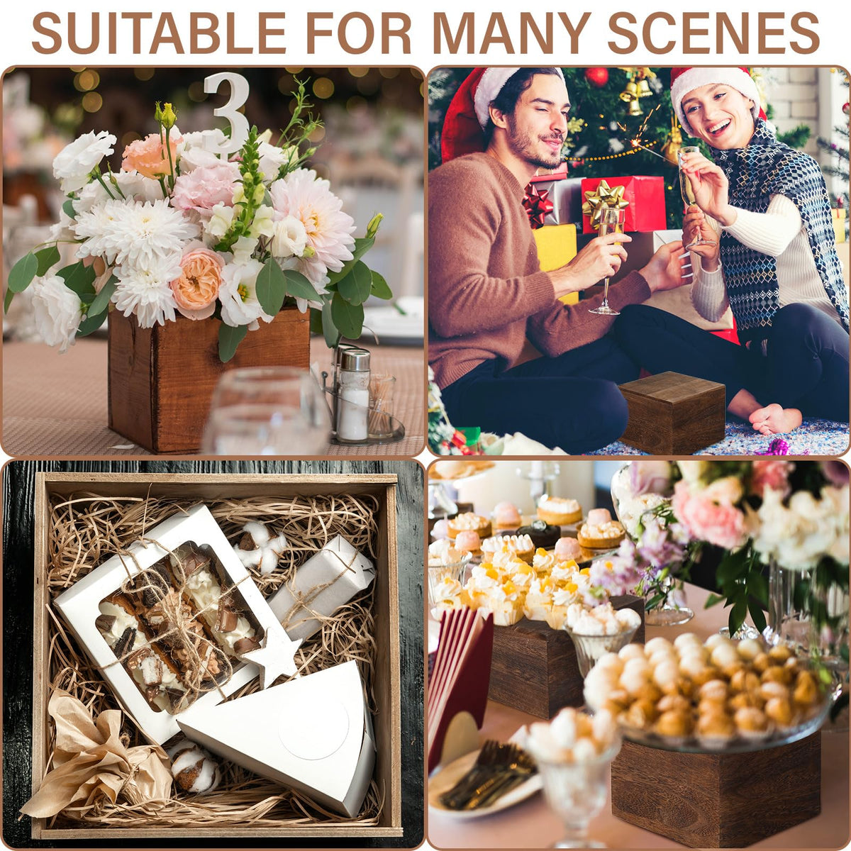 Barydat 3 Pcs Wooden Risers Stands Cake Rustic Stackable Square Cupcake Stands Base for Buffet Table Dessert Food Birthday Wedding Party