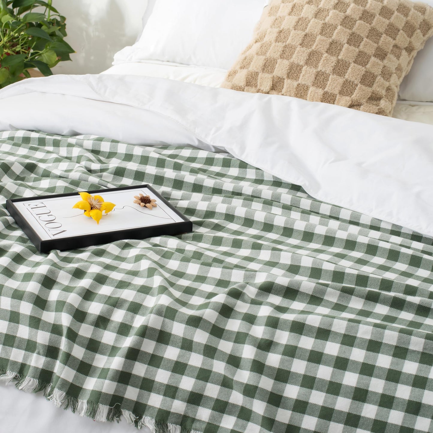 CloudDwelling 100% Cotton Throw Blanket Plaid Soft Lightweight Cozy Farmhouse Tassels Summer Thin Breathable Throws for Couch Sofa Bed (50" × 60" Green)
