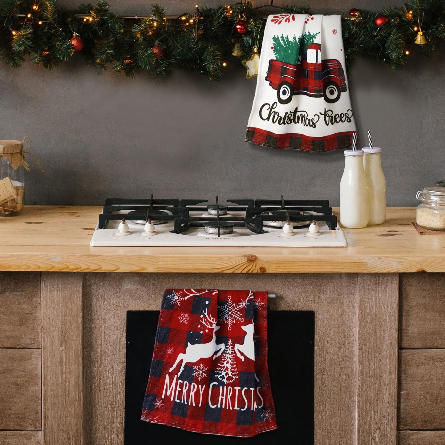 Jingmore 6 Pcs Christmas Hanging Kitchen Towels with Loop Buffalo Plaid Red and Black Hand Tie Towels Microfiber Drying Baking Cooking Cloth