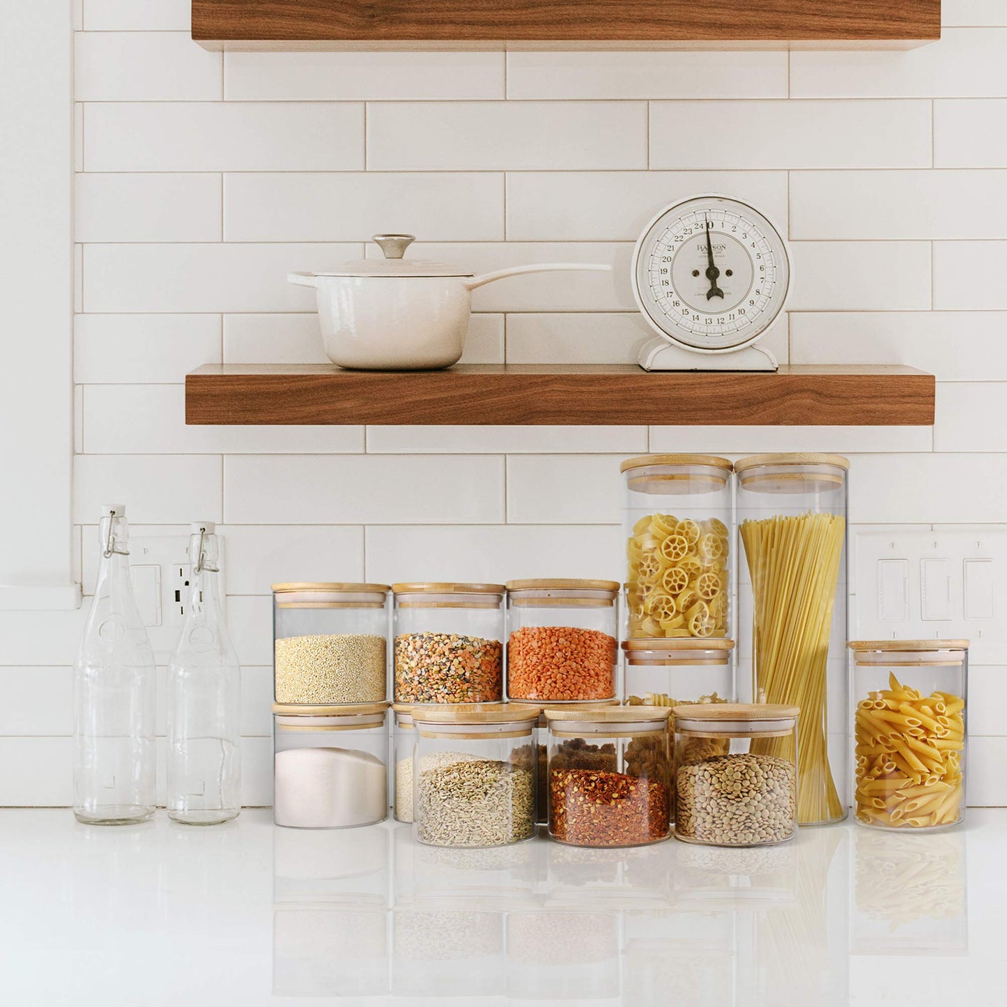 EcoEvo Glass Jars with Bamboo Lids (16oz in 9 Pack), Food Jars and Canisters Sets with lids, Food Storage Jars with Airtight Lids, Glass Pantry Jars