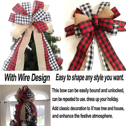 Tmflexe Christmas Bows Tree Topper Red Black White Buffalo Plaid Ornaments Handmade for Wreath Door Burlap Rustic Farmhouse Decoration (Burlap Buffalo Plaid)