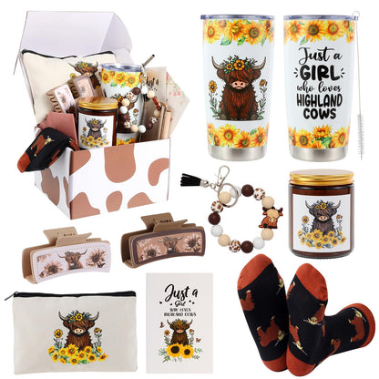 Bayelove Highland Cow Gifts for Women Highland Cattle Stuff Themed Gifts Include Tumbler Mug Makeup Bag Hair Claw Clips Keychain Socks Card for Highland Cow Lover Birthday Christmas