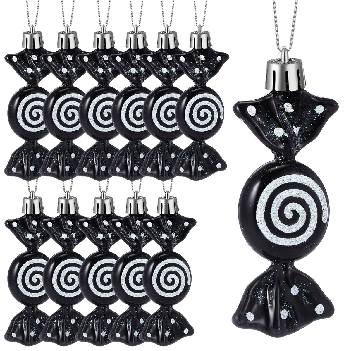 Threan 12 Pcs Christmas Candy Ornaments for Tree Decoration Hanging Glitter Candy Cane Christmas Peppermint Ornament with Golden Rope for Xmas Holiday Decoration(Black,Plastic)