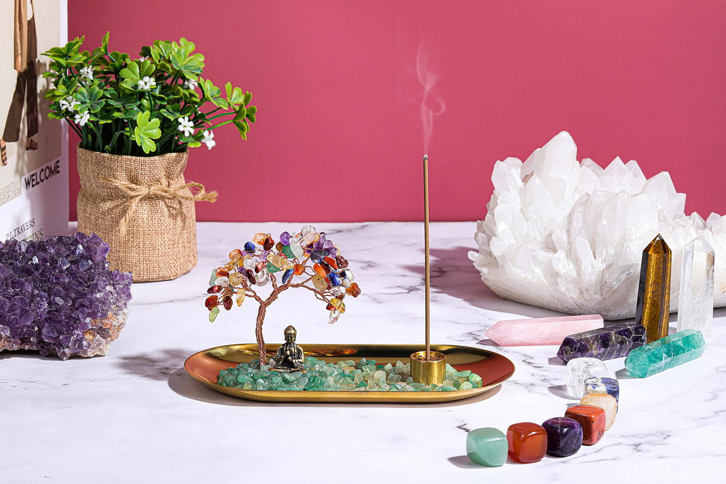 Jovivi Crystal Incense Holder for Sticks, Healing Crystal Stone Money Tree Buddha Statue Set Incense Burner, Incense Trays for Wealth, Good Luck,Yoga Meditation Home Decor