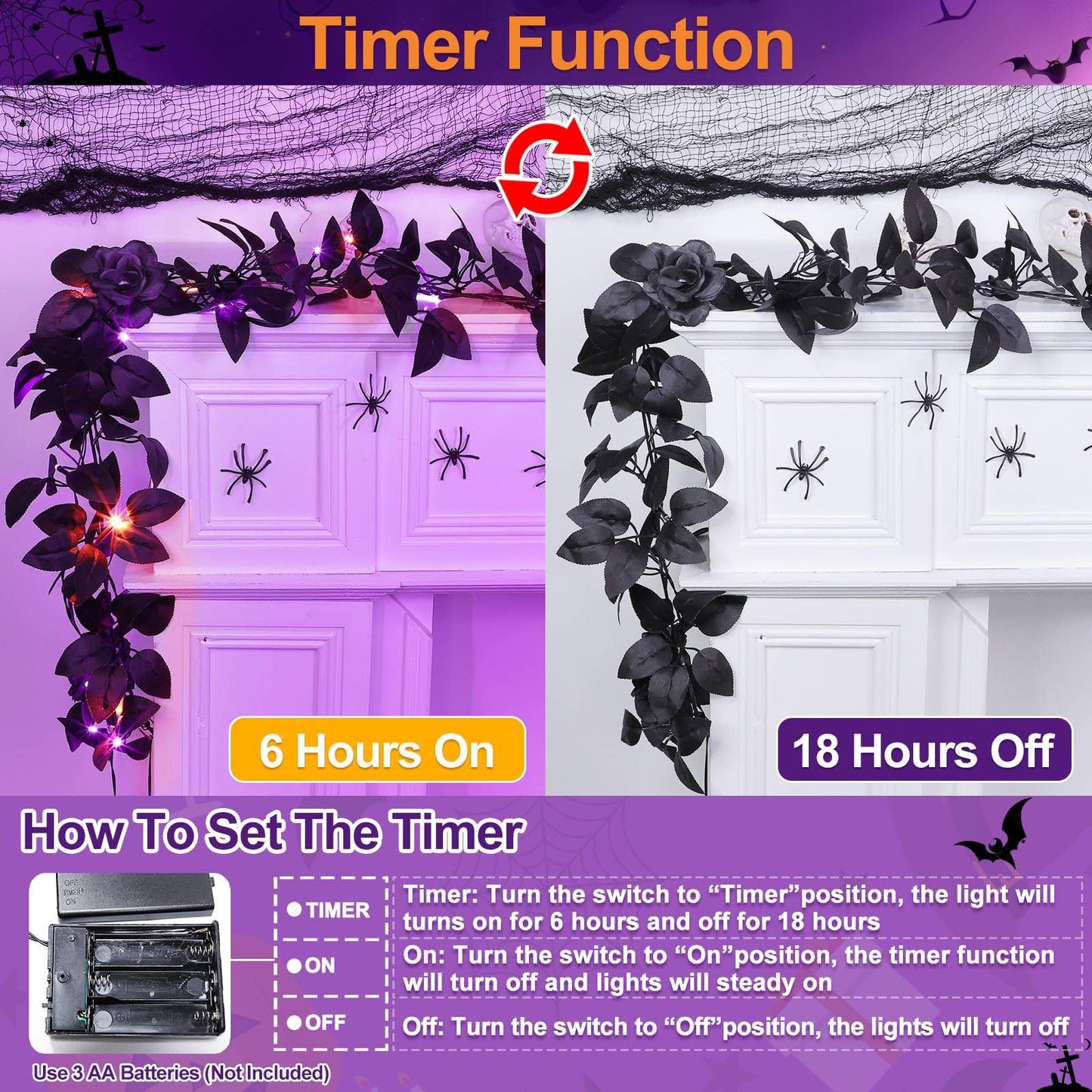 Timer - 6 Feet Halloween Garland with Lights, Artificial Black Garland with Black Roses 20 LED Purple Orange Lights for Halloween Decorations Indoor Outdoor Table Fireplace Home Decor