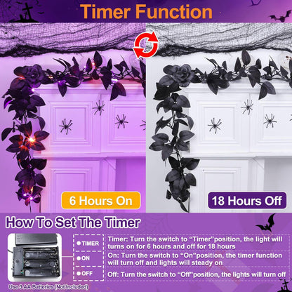 Timer - 6 Feet Halloween Garland with Lights, Artificial Black Garland with Black Roses 20 LED Purple Orange Lights for Halloween Decorations Indoor Outdoor Table Fireplace Home Decor
