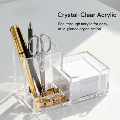 HBlife Acrylic Pen Holder for Desk, 3-Compartment Small Desk Organizer, Clear Office Supplies Desk Accessories with Sticky Notes Holder Stores Post It Notes 3X3 for Office, Home and School