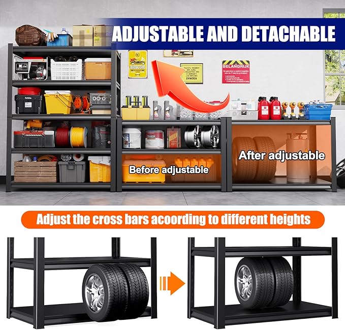 71" H-46 W Garage Shelving Heavy Duty Storage Shelves, Metal Adjustable Shelving Unit, Utility Garage Organizer Shelf for Basement, Pantry, Kitchen, Warehouse, 20" D x 46" W x 71.2" H, Black
