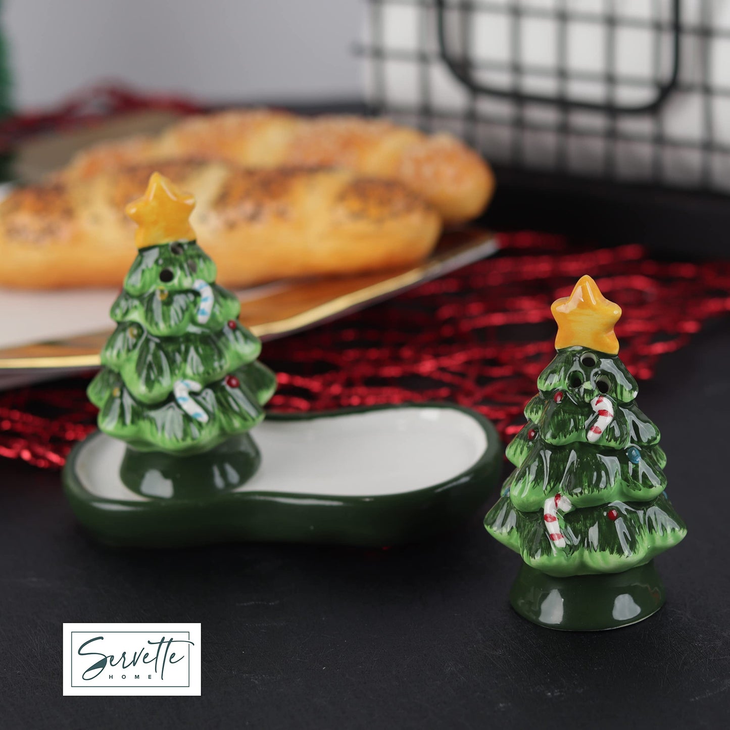 Christmas Holiday Salt and Pepper Shaker Set - Snowman and Santa (Christmas Trees with Stand)