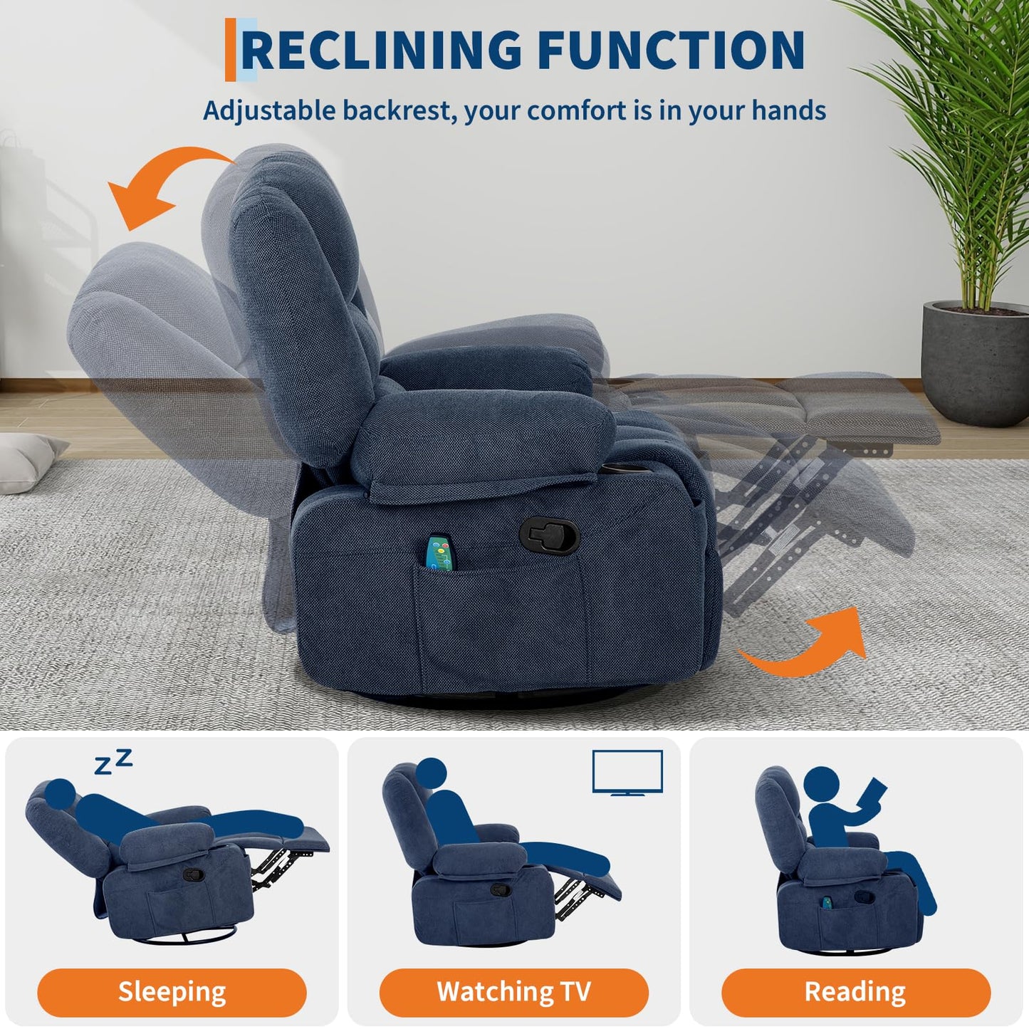 Rocker Recliner Chair with Heat and Massage,Nursery Recliner 360° Swivel Oversized Chairs for Adults,Chenille Lazy Boy Single Sofa Seat with 3 Positions,Side Pockets,2 Cup Holders for Living Room,Blue