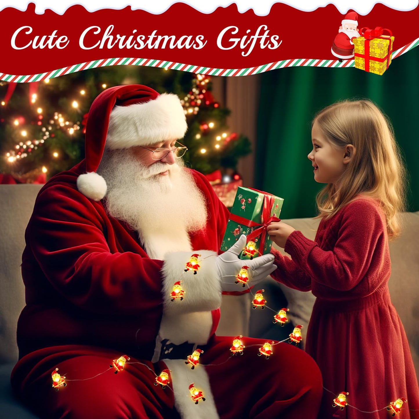 Coquimbo Christmas Decorations Indoor Lights, 10FT 30 LED Christmas Santa Claus Fairy String Lights Battery Operated for Xmas Tree Party Festive Holiday Christmas Gifts Cute Room Decor