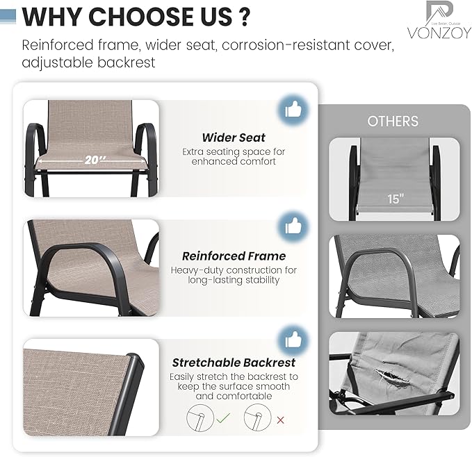 Patio Dining Chairs Set of 2, Outdoor Stackable Chairs, Breathable Seat and Alloy Steel Frame Fit for Backyard,Garden,Porch, Lawn，Poolside (Light Brown)