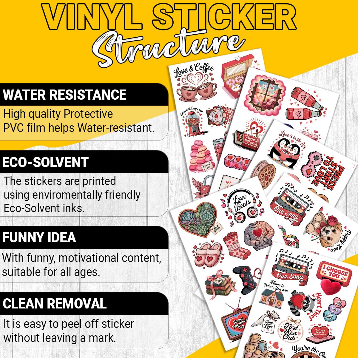 60Pcs Valentine's Day Sticker Pack – Cute Love-Themed Stickers with Hearts, Roses, Bears, Candy, Music, and Sweet Quotes – Perfect for Scrapbooking, Journaling, Gifts, and Valentine's Decorations