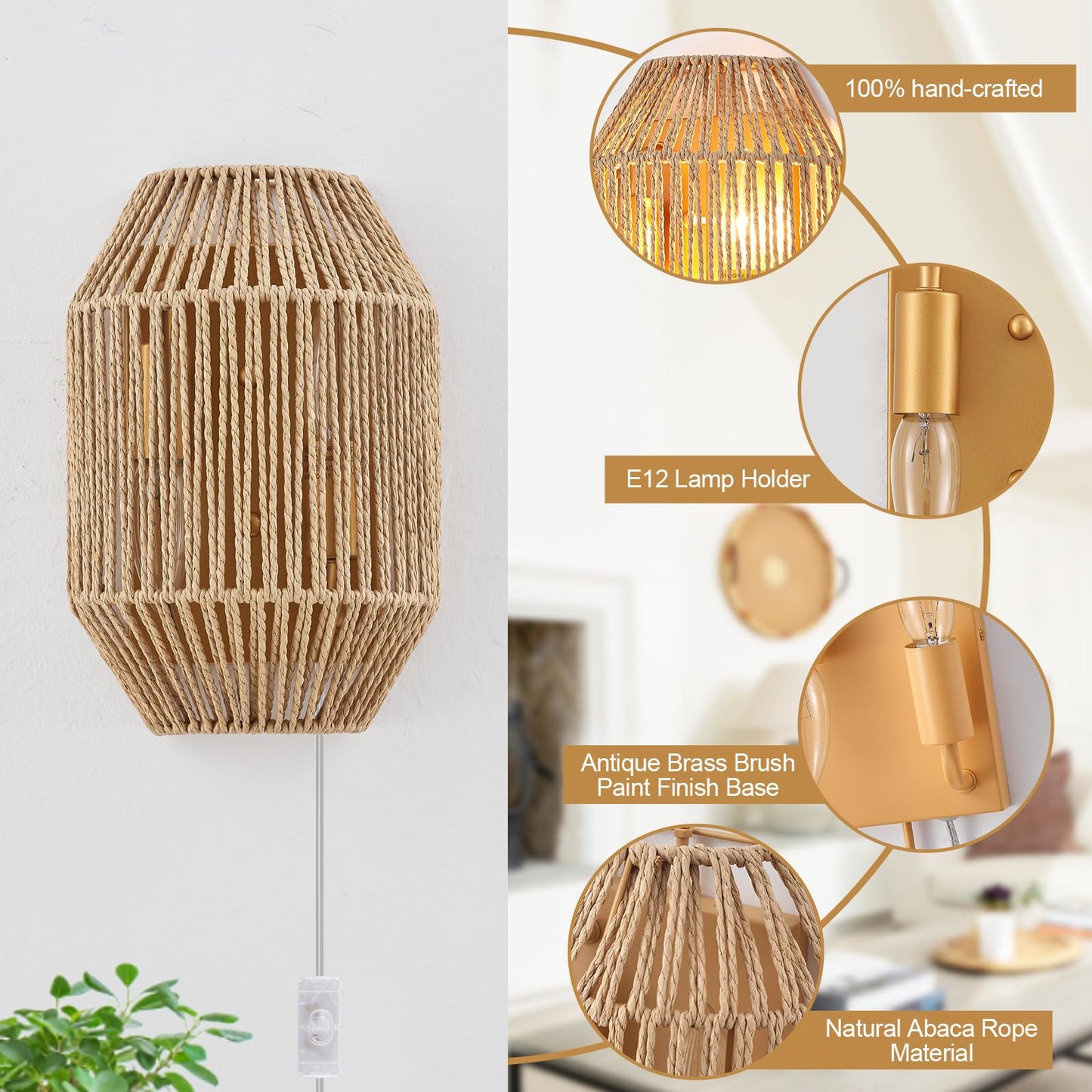 MhyTogn Natural Rattan Plug-in Wall Sconce Set of 2, with Boho Woven Wicker Shade Antique Brass Brush Paint Finish for Vanity Stairway Fireplace Living Room Bedside Passway Hallway