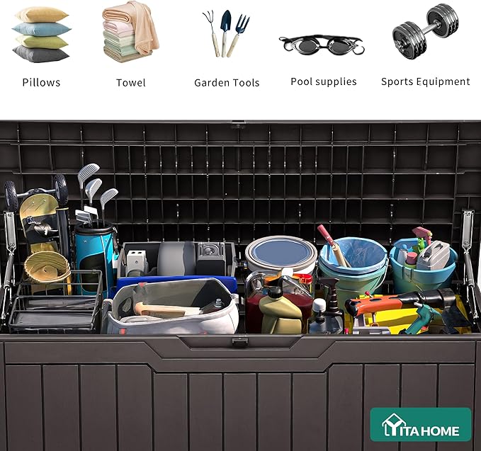 YITAHOME 100 Gallon Resin Deck Box, Weather Resistant Outdoor Storage Box, Lockable Indoor Outdoor Storage for Supplies and Essentials, Dark Brown