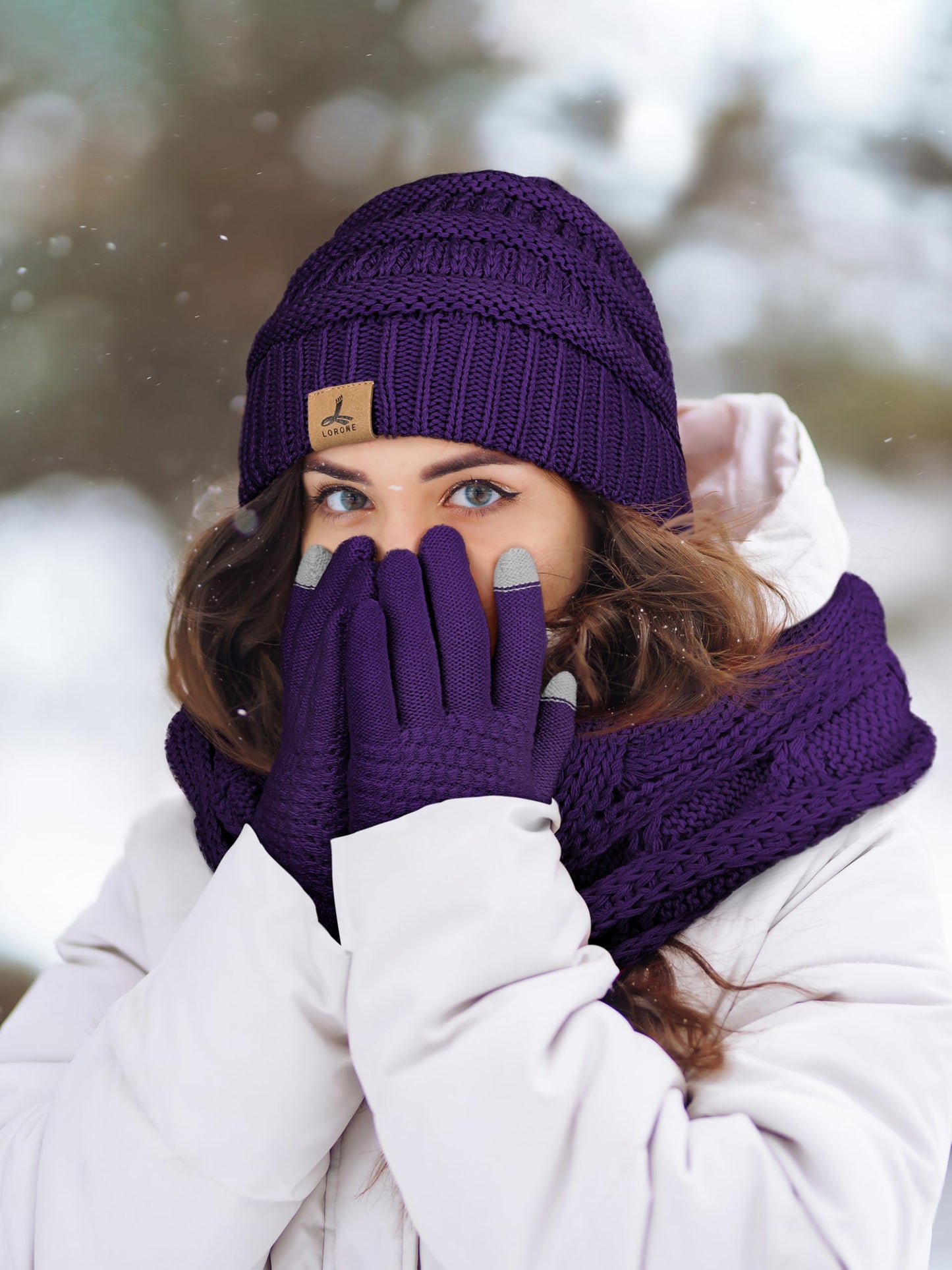 LOROME Winter Beanie Hat Scarf Gloves, Warm Fleece Knit Winter Hats Touch Screen Gloves Neck Scarf Set Winter Gifts for Women Men