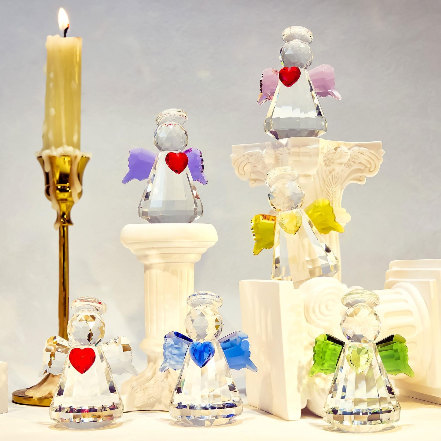 6-Piece Crystal Guardian Angel Figurine Set, 2.5" Handcrafted Glass Angel Ornaments Home Decor, Office Room Tabletop Display Collection Paperweight, for Lover Women Girl Birthday