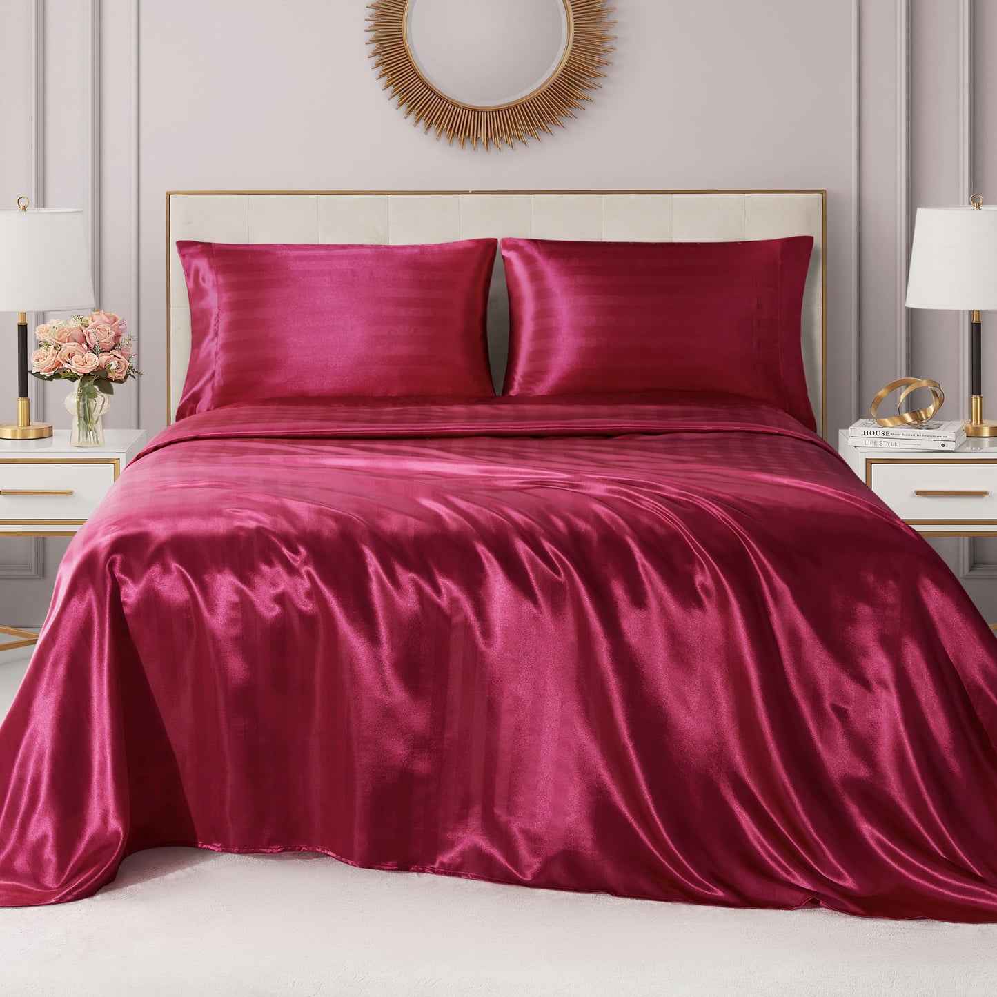 Juicy Couture Silky Satin Damask Sheet Set - Luxury Hot Pink Bedding - Smooth Striped Sheets - Full Size