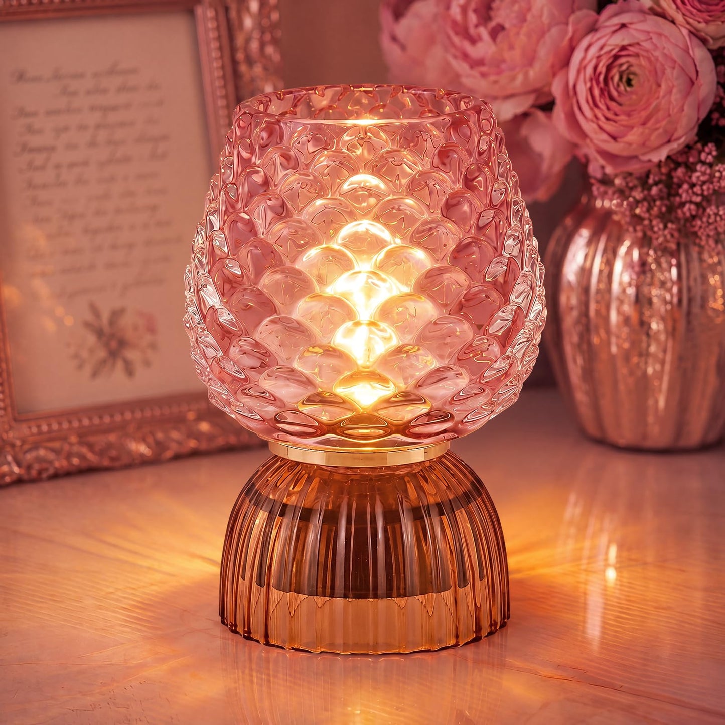 SisiHokai Battery Operated Lamp with Timer, Cute Small Cordless Glass Table Lamp for Home Decor, Kitchen, Bathroom, Birthday Gift for Women, Pinecone, Pink