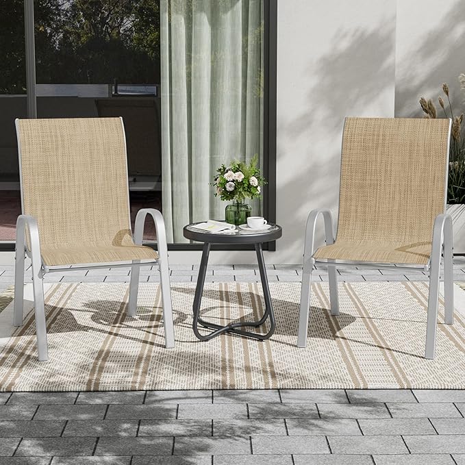 UDPATIO Patio Chairs Set of 2, Stackable Silver Outdoor Dining Chairs with High Back, Breathable Textilene Fabric Outdoor Chair All Weather, 350LBS Capacity for Garden, Backyard (Beige)
