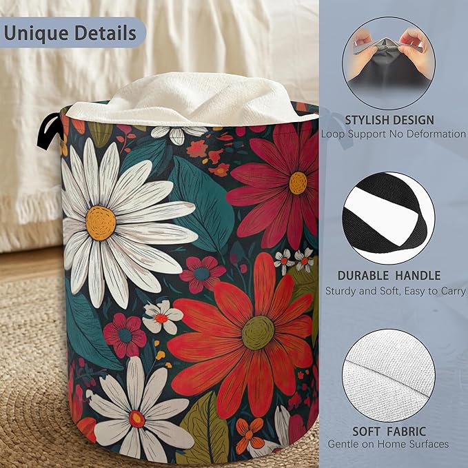 Retro Red Daisy Flowers Laundry Hamper, Dirty Clothes Laundry Basket