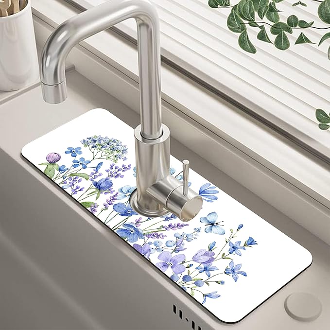 Watercolor Floral Butterfly Sink Faucet Absorbing Mat Sink Splash Guard Faucet