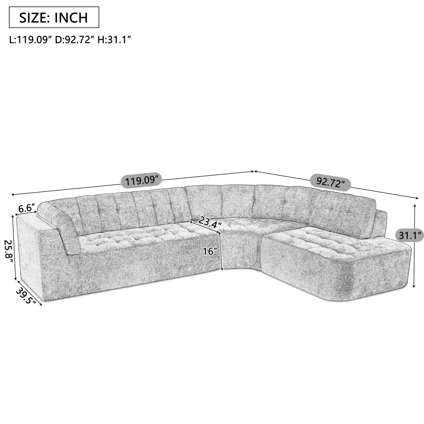 Merax 119" L-Shaped Curved Sectional Sofa Set | 4 Seat Modern Minimalist Tufted Cloud Couch with Chaise Lounge | Fully Upholstered Arms | Right-Hand Facing Foam | No-Tools Assembly, Beige