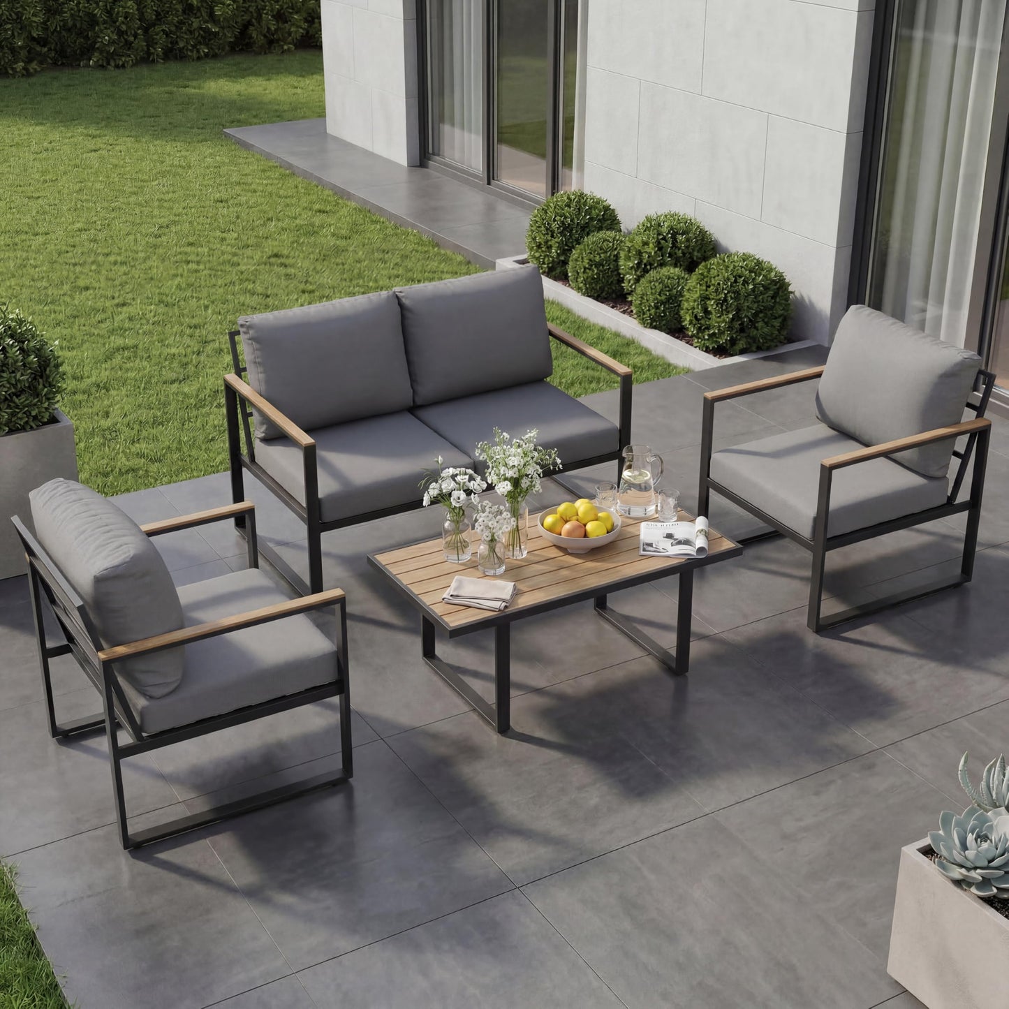 GarveeTech 4-Piece Aluminum Outdoor Sectional Sofa Set with Coffee Table, Patio Furniture Conversation Set for Porch, Poolside & Deck, Washable Thick Cushions (Gray)