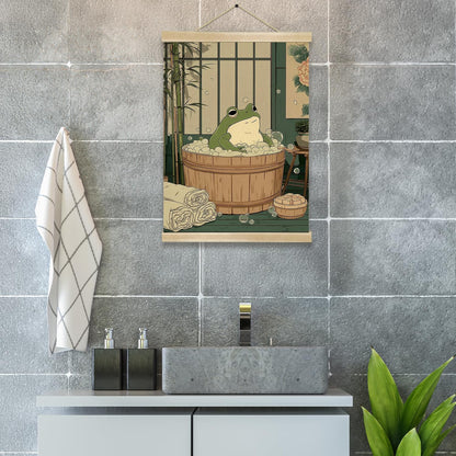 Relaxing Frog BathWall Art Decor Poster 18.5x14 Inch, Cute Animal Bathroom Linen Canvas Print, Japanese Style Bathroom Humor Soaking Frog Artwork for Restroom, Spa or Home Wall Decor(Green-Flog)