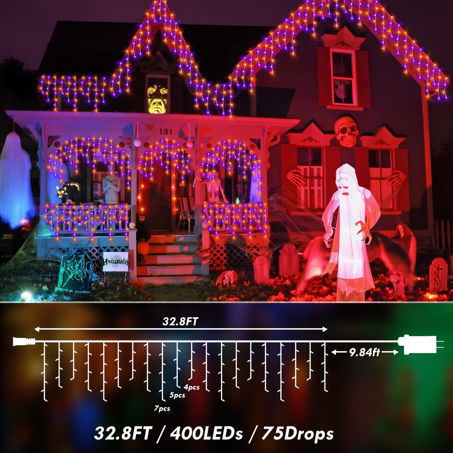 KNONEW Orange Purple Halloween Lights 33FT 400 LED String Lights Outdoor with 75 Drops, 8 Lighting Modes, Timer Memory Function Connectable Hanging Curtain Lights for Halloween Party Decor