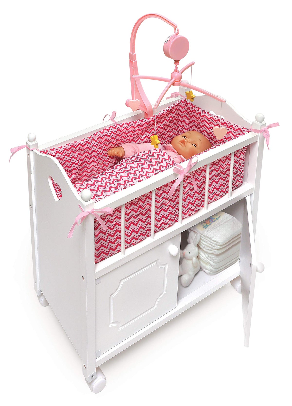 Badger Basket Wooden Toy Doll Bed with Storage, Mobile, and Bedding - Includes Wheels and Free Personalization Kit to Pretend and Play - White with Pink Chevron Fabric