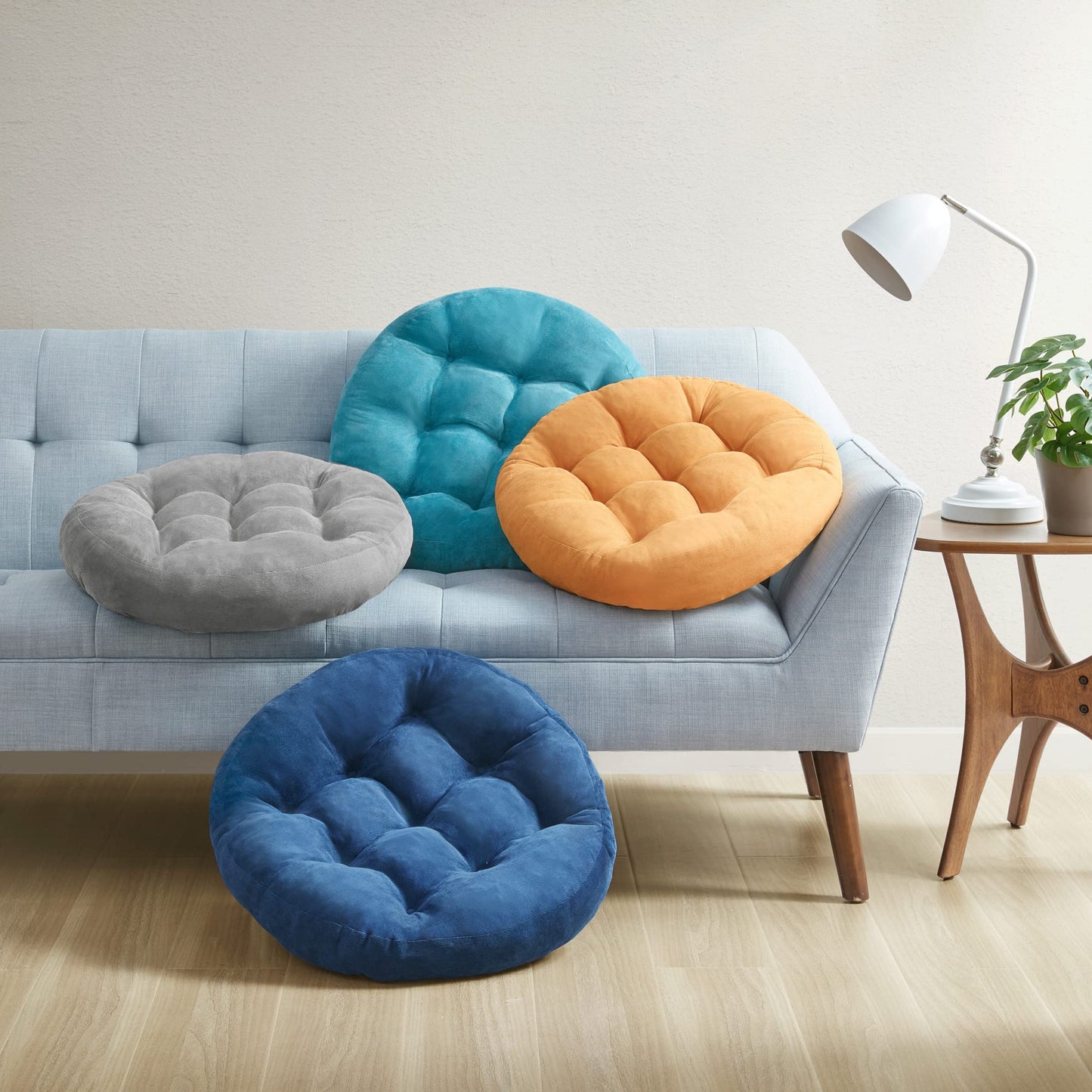 Floor Cushion Pillow Set of 2, Round Large Pillows Seating for Adults, Tufted Corduroy Cushions for Living Room Tatami, Orange Yellow, 22 Inch