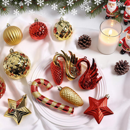 Alupssuc 128pcs Christmas Balls Ornaments Set, Shatterproof Plastic Baubles Christmas Flowers and Tree Topper for Xmas Tree Holiday Wedding Party Decorations with Hanging Strings, Red and Gold