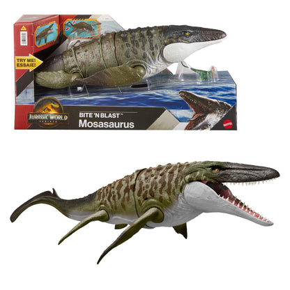 Mattel Jurassic World Rebirth Bite N Blast Mosasaurus Action Figure & Mini Dilophosaurus, Wide Jaw Dinosaur Toy, Movie-Accurate Posable, Digital Play, JJP80