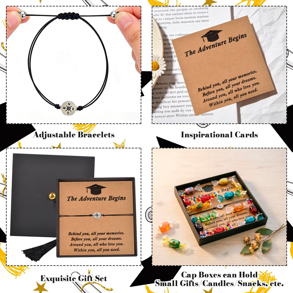 6 Sets Graduation Gift Grad Cap Box & Bracelet - 2026 Graduation Gifts Her Him, Adjustable Unisex Compass Bracelets Bracelet Tassel & Wish gift Grad card for Primary, Middle, High School & College Graduates