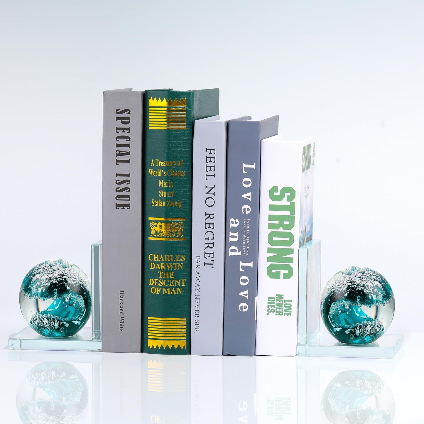 Book Ends for Shelves, Glass Bookends with Dark Blue Glass Hand Blown Sea Wave Ball, Non Skid Sturdy Decorative Bookends for Ocean Lovers, Heavy Books, Office, Set of 2