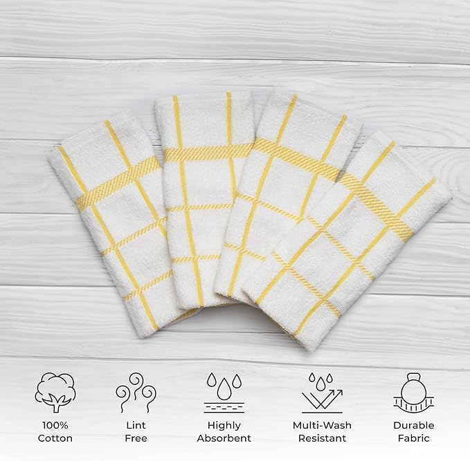 100% Cotton Terry Dish Towels, 4 Pack Checks, 16 x26 Inches, Super Soft and