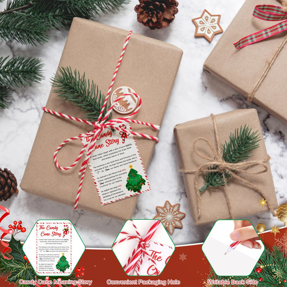 SAYAYA 60 Sets Christmas Candy Cane Pens Legend of Candy Cane Cards Xmas Religious Story Ballpoint Pens with Cotton Twine for Christmas Church Sunday School Supplies Party Gifts
