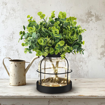 Farmhouse Rustic Glass Vases Primitive Country Lantern Coffee Dining Table Centerpiece Green Fake Artificial Eucalyptus Plants with Light Home Decor for Shelf Desk Counter Kitchen Bathroom, Black