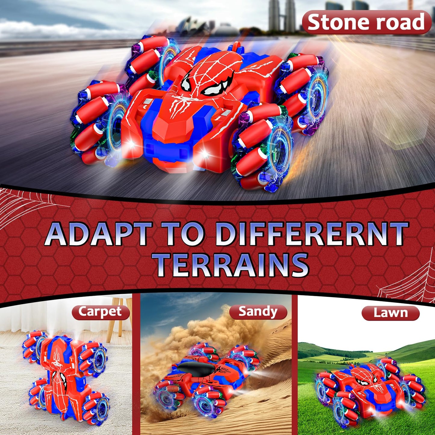 Spider Remote Control Car for Boys, Rechargeable RC Cars Toys with Cool Lights, 2.4Ghz Double Sided Drift RC Stunt Cars, 360°Rotating 4WD Off-Road Race Car for 4-6 6-12 Boy Kids Gifts