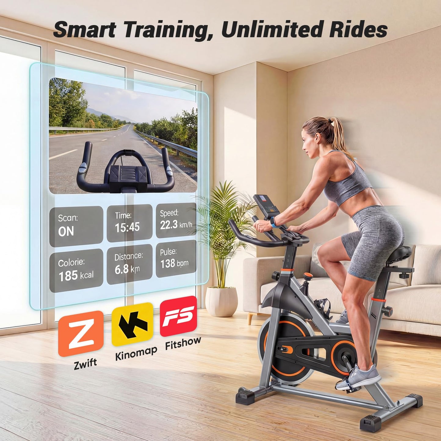 OLIXIS Exercise Bike with APP Control, Brake Pad Stationary Bikes with Quiet Magnetic Resistance, Indoor Cycling Spin Workout Bike with 300.0 lbs Weight Capacity, Classic Orange